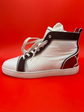 Christian Louboutin Fun Louis Flat High Top Sneaker White Woven Jacquard W Box